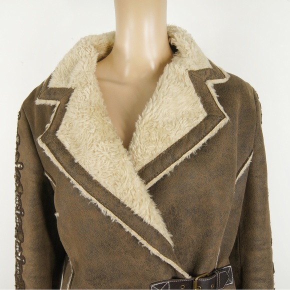 Vintage Ross Mayer Brown Faux Suede Leather Fur Embroidered Sherpa Buckle Jacket - Picture 2 of 7
